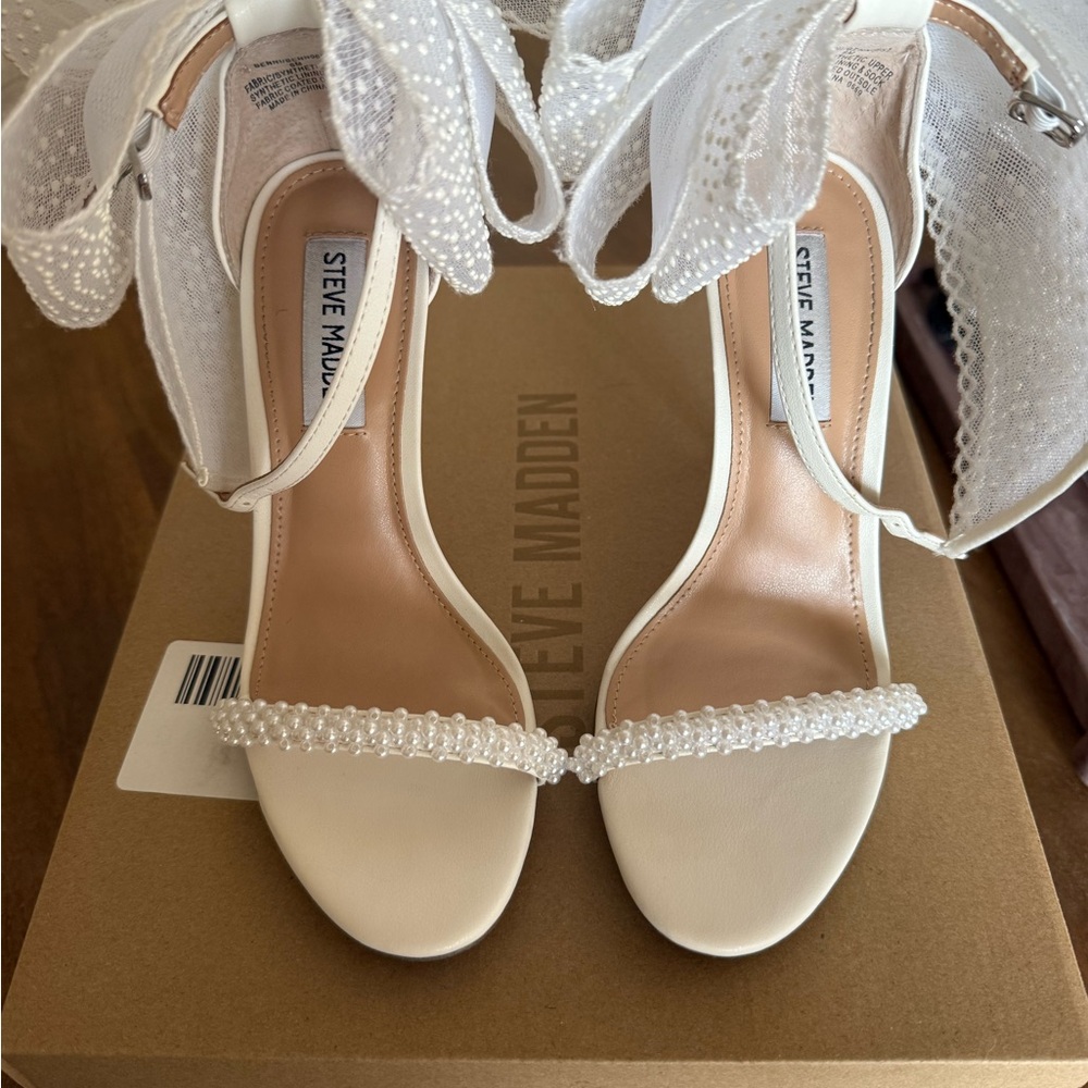 Steve Madden White Beaded Ankle-Tie Heels